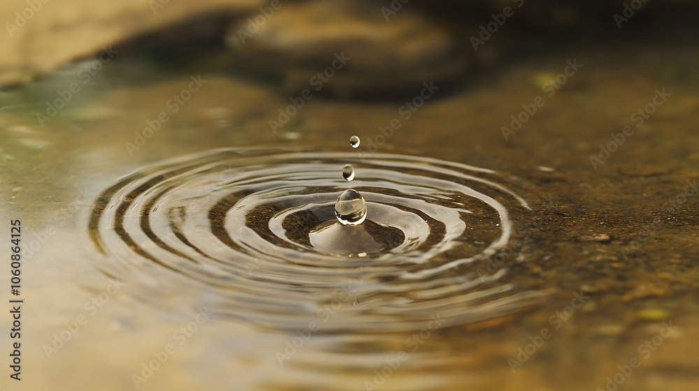 A single water drop creating ripples in a puddle of rainwater A single water drop creating ripples in a puddle of rainwater