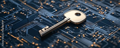 Metallic key on a tech circuit background, highlighting cybersecurity, Key Access, Data Encryption, Secure Network photo