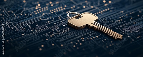 Metallic key on a tech circuit background, highlighting cybersecurity, Key Access, Data Encryption, Secure Network photo