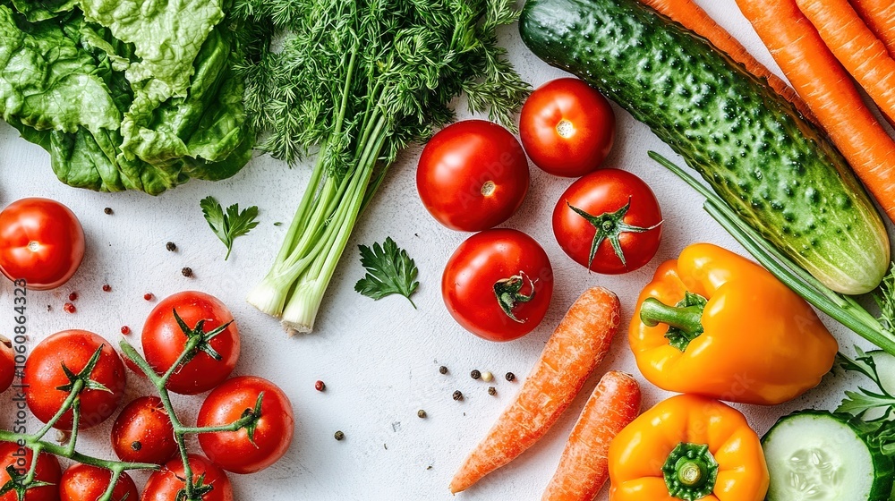 A vibrant assortment of fresh vegetables, including cherry tomatoes, bell peppers, cucumbers, and carrots, elegantly arranged on a white table in a flat lay style A vibrant assortment of fresh vegetables, including cherry tomatoes, bell peppers, cucumbers, and carrots, elegantly arranged on a white table in a flat lay style