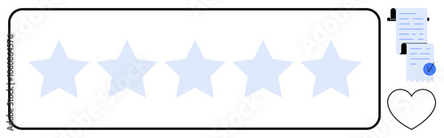 Five stars in a horizontal line with a certificate and heart shape on the right. Ideal for customer reviews, quality assurance, testimonials, satisfaction surveys, and business ratings. Flat design