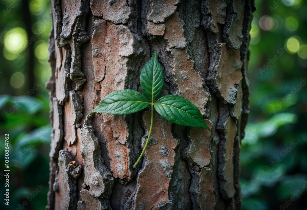 Close-up view of vibrant green leaves against the textured bark of an old tree in a serene forest setting during daylight Close-up view of vibrant green leaves against the textured bark of an old tree in a serene forest setting during daylight