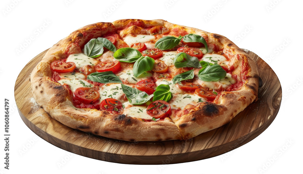Fresh Margherita Pizza with Basil, Tomatoes, and Melted Mozzarella on Wooden Board Fresh Margherita Pizza with Basil, Tomatoes, and Melted Mozzarella on Wooden Board