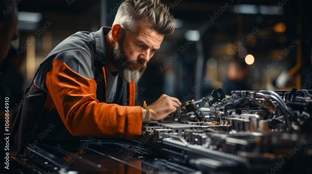 A man with a beard is working on a car engine