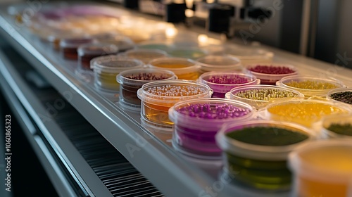 Laboratory setup with multiple petri dishes, colorful microbial colonies filling each, neatly arranged with soft lab lighting creating a sterile, organized visual effect --ar 16:9