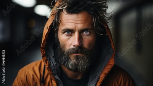 A man with a beard and a hooded jacket is looking at the camera