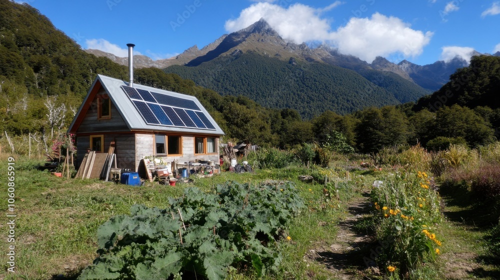 Cozy tiny house with solar panels in mountain wilderness during springtime adventure Cozy tiny house with solar panels in mountain wilderness during springtime adventure