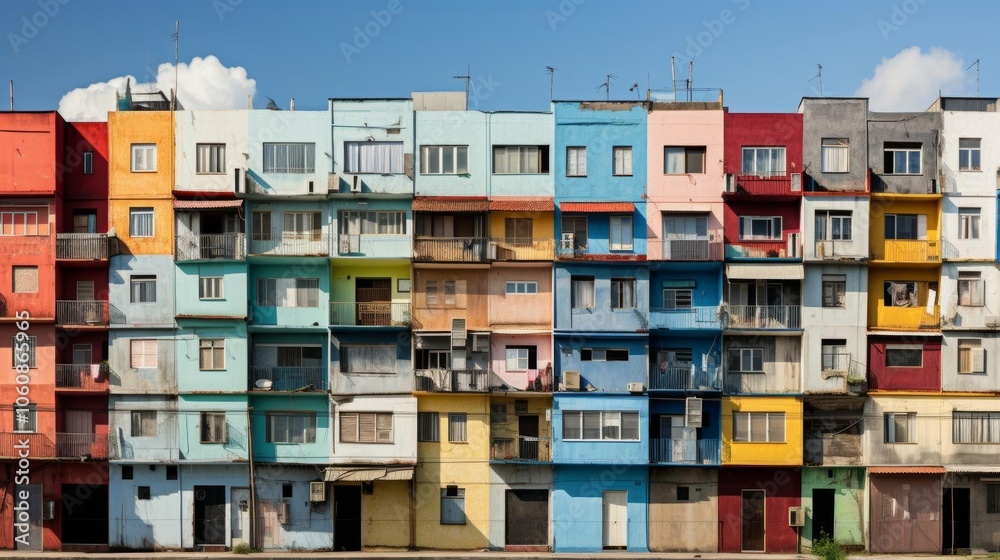 A row of colorful apartment buildings with balconies A row of colorful apartment buildings with balconies