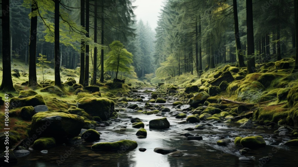 Obraz premium A forest with a stream running through it