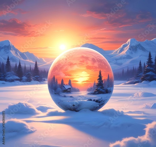 Illustration of Christmas ball decoration with winter snowy landscape and heavenly sky.