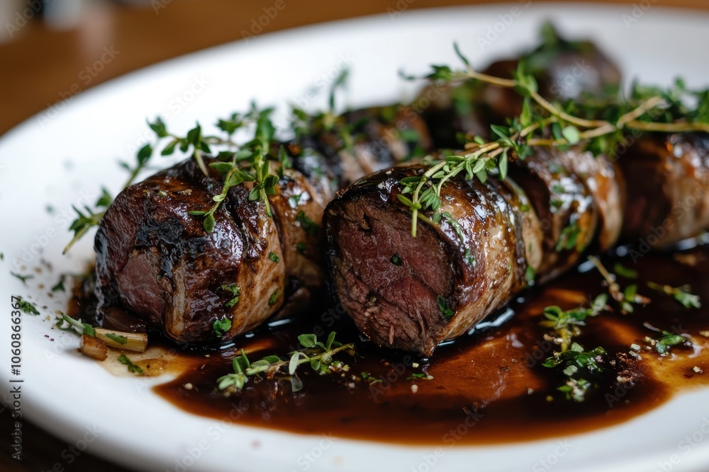 Rolled beef with herbs and sauce on rustic wooden table