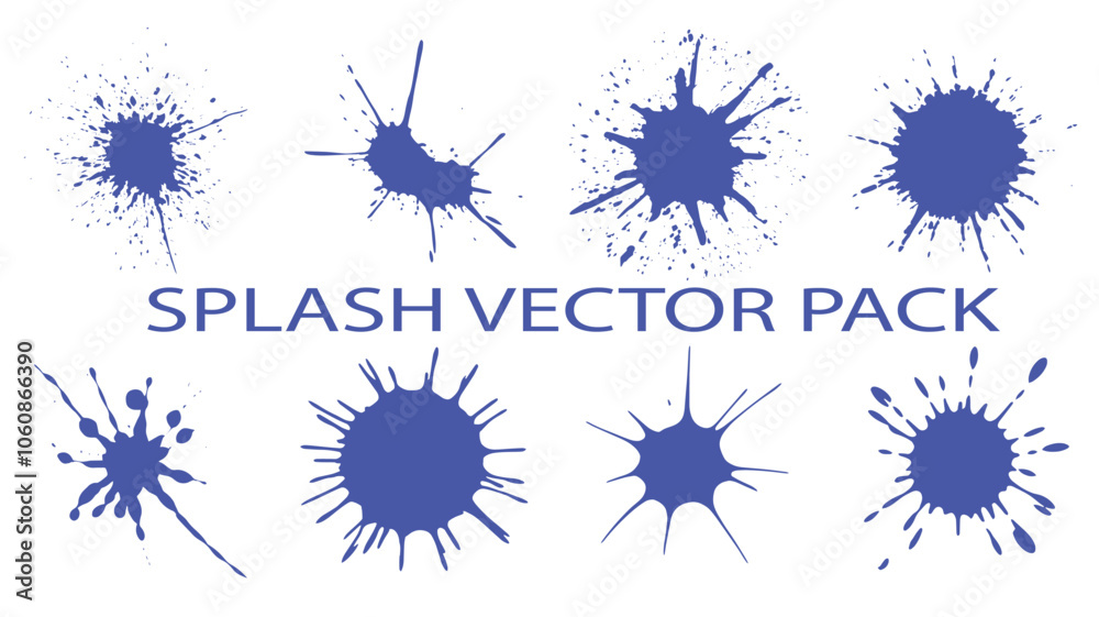 A vector illustration of eight blue ink splatter shapes on a white background.