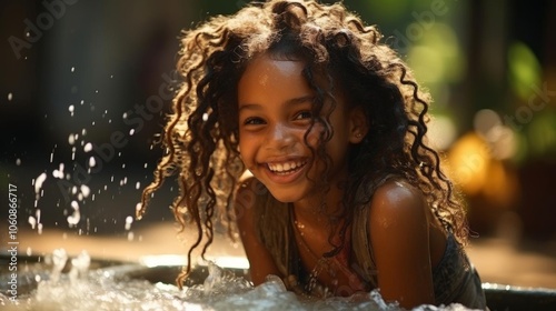 A young girl with curly hair is smiling and splashing in a pool