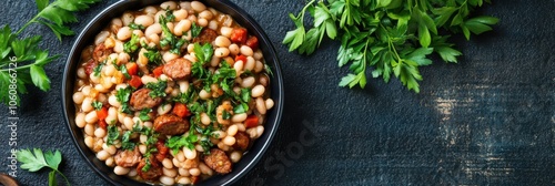 Classic cassoulet dish with white beans and fresh herbs on dark surface photo