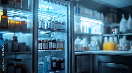 Open refrigerator in a lab setting, filled with various chemical bottles, all neatly arranged with labels visible, soft cold light adding a professional,