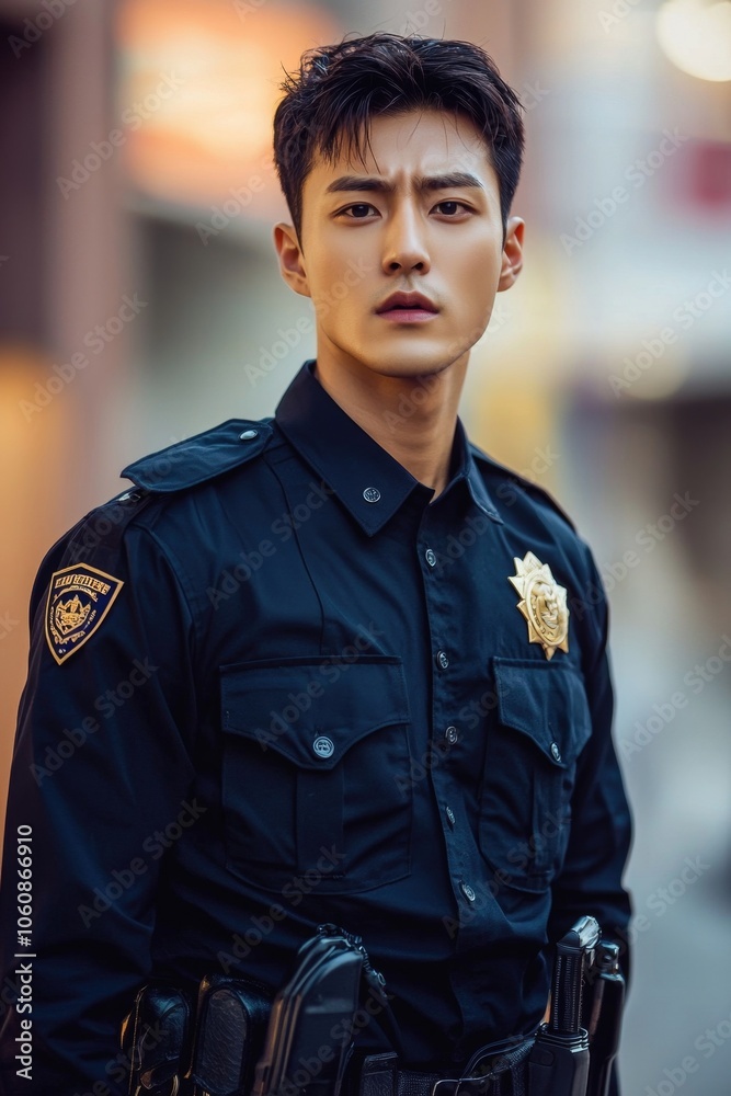 Serious Uniformed Korean Police Officer Safeguarding the City Streets