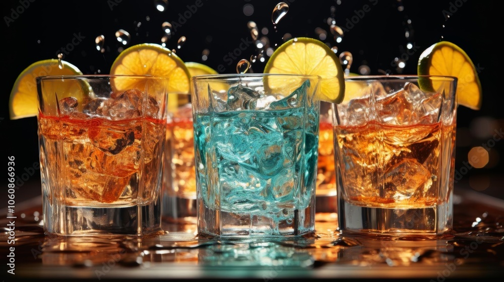 Three glasses of different colored drinks with lime slices in them Three glasses of different colored drinks with lime slices in them