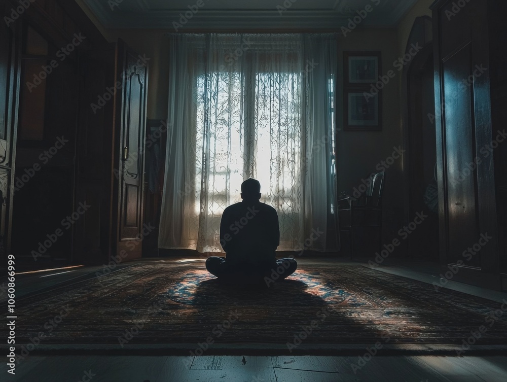 Silhouetted Man Performing Salah Prayer in Peaceful Indoor Setting Silhouetted Man Performing Salah Prayer in Peaceful Indoor Setting