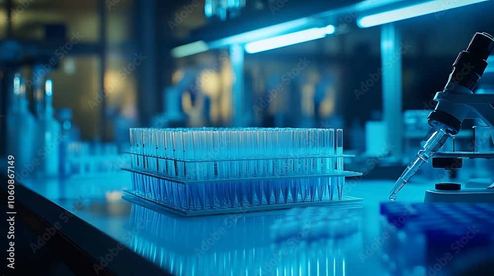 Organized rack of pipette tips on a laboratory bench, the uniform arrangement highlighted by soft, even lighting, background lab equipment slightly blurred to draw attention to the tips --ar 16:9 Organized rack of pipette tips on a laboratory bench, the uniform arrangement highlighted by soft, even lighting, background lab equipment slightly blurred to draw attention to the tips --ar 16:9
