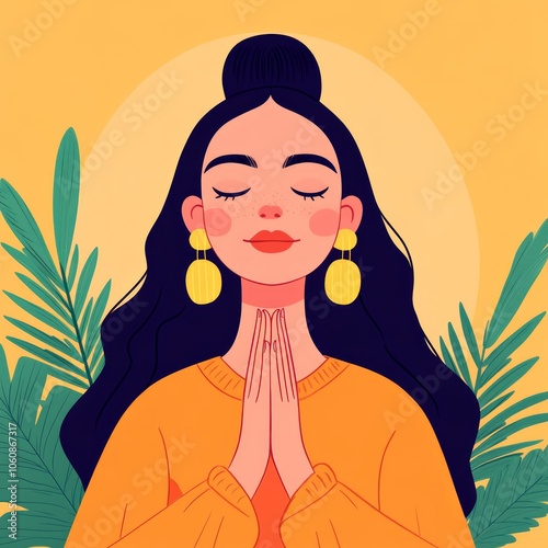 A woman with her eyes closed meditating with her hands together. photo