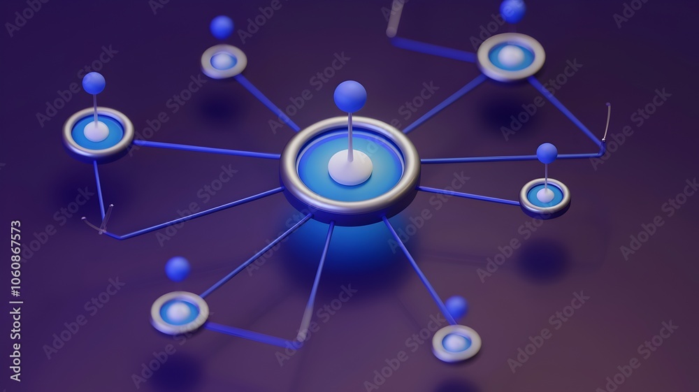 3D render of floating network node with paths and smaller nodes 3D render of floating network node with paths and smaller nodes