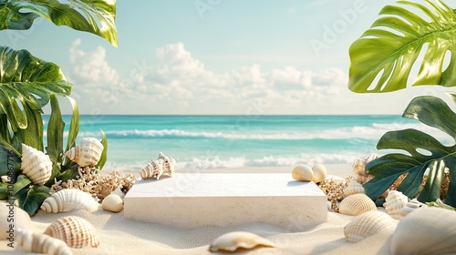 A simple white stone display stand placed on soft sandy shores of a tropical beach, framed by seashells and tropical foliage