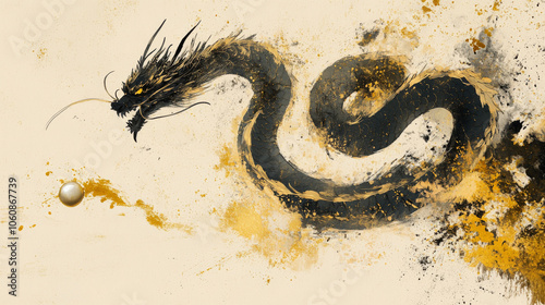 A Chinese ink painting of a dragon coiled around a pearl photo