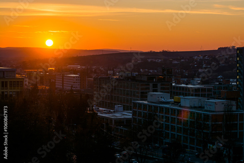 Картината върху платно Zlin, Czech republic - March 12, 2022. Sunset above city