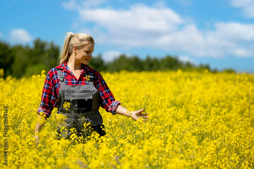 A Young Woman is Joyfully Enjoying the Amazing Beauty of a Vibrant Yellow Flower Field A Young Woman is Joyfully Enjoying the Amazing Beauty of a Vibrant Yellow Flower Field