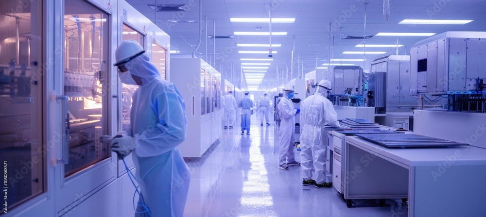 Advanced Semiconductor Fabrication Plant with Technicians Operating ...