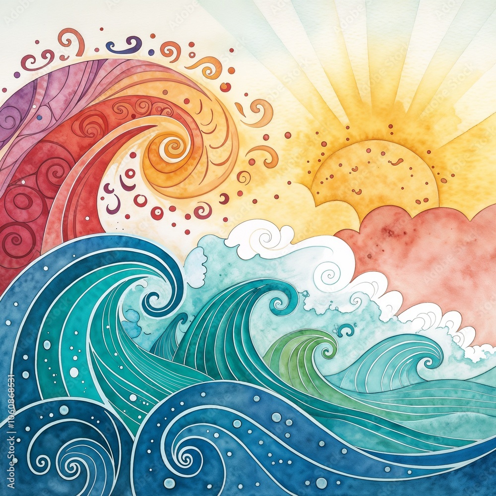 Vibrant ocean waves with sun, energetic mood, colorful illustration, artistic design Vibrant ocean waves with sun, energetic mood, colorful illustration, artistic design