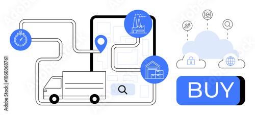 Delivery truck follows route on digital map with factory and warehouse icons, stopwatch, and cloud services icons leading to BUY button. Ideal for e-commerce, delivery, logistics, supply chain