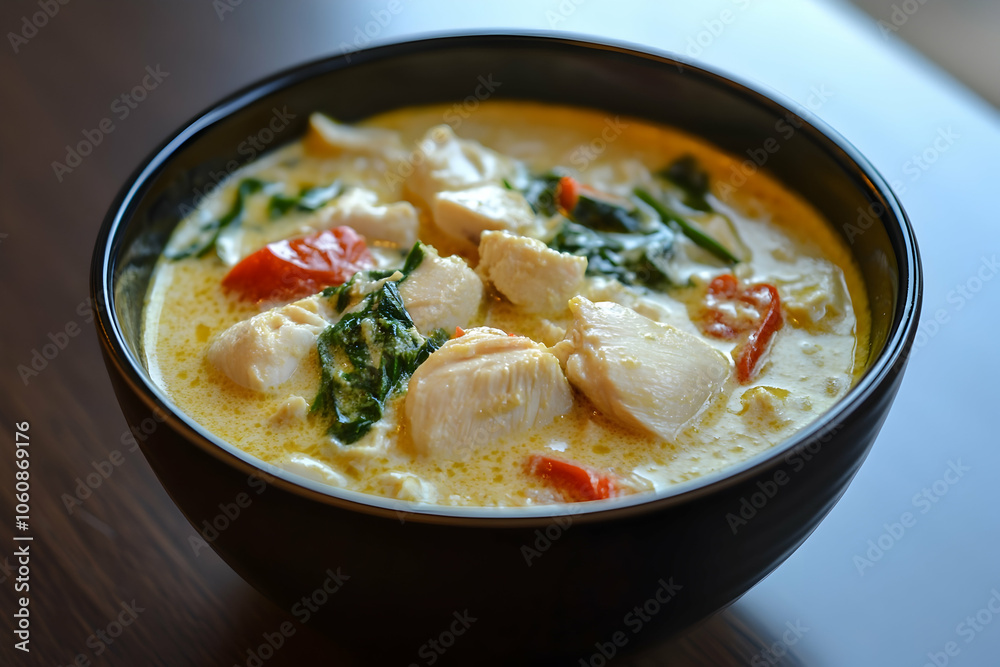 Delicious warm bowl of coconut chicken soup with vibrant vegetables on a cozy table setting Delicious warm bowl of coconut chicken soup with vibrant vegetables on a cozy table setting