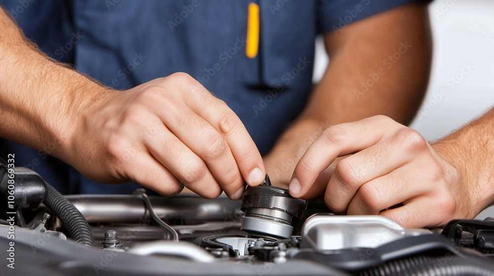 A close-up of a mechanic’s hands unscrewing the oil filter while performing an engine oil change, capturing the technical aspect of car maintenance. A close-up of a mechanic’s hands unscrewing the oil filter while performing an engine oil change, capturing the technical aspect of car maintenance.