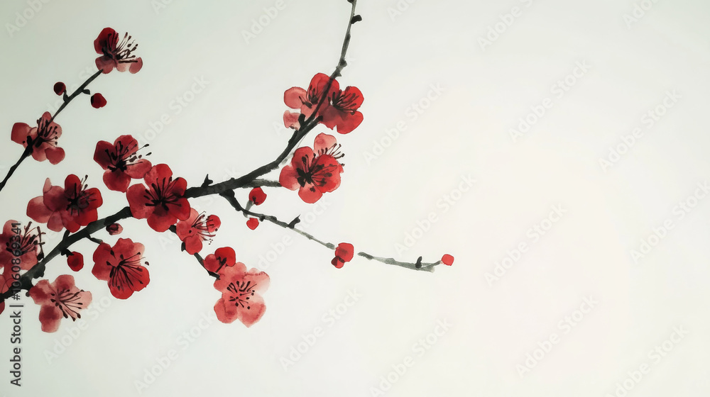 A traditional Chinese ink painting of a plum blossom branch A traditional Chinese ink painting of a plum blossom branch