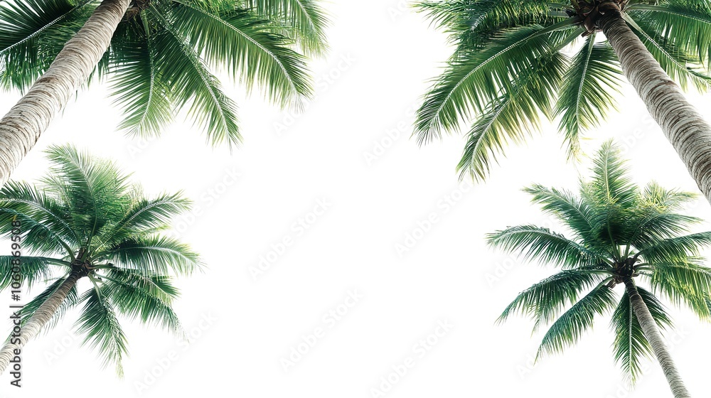 Naklejka premium A serene view of beachside coconut trees with their leaves rustling in the summer breeze, isolated on a white background, conveying a relaxed and tropical seaside atmosphere