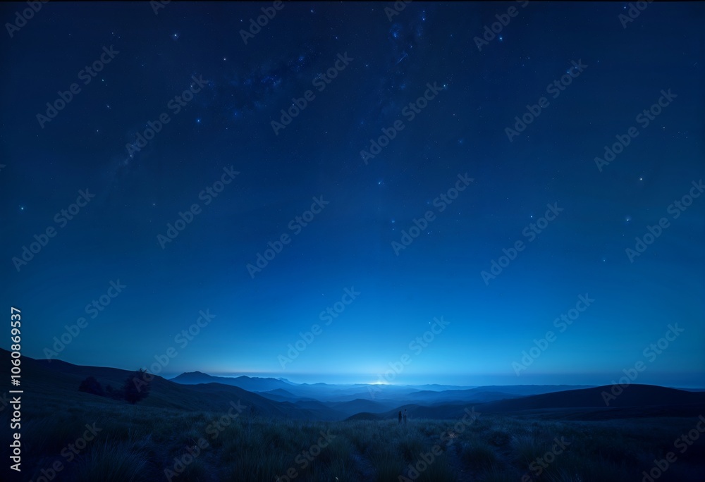 Starlit night over a tranquil valley in the mountains during twilight hours