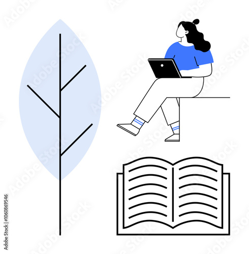Woman with a laptop, large stylized blue tree, and an open book. Key elements represent learning, nature, technology, and relaxation. Ideal for education, environment, technology, remote work