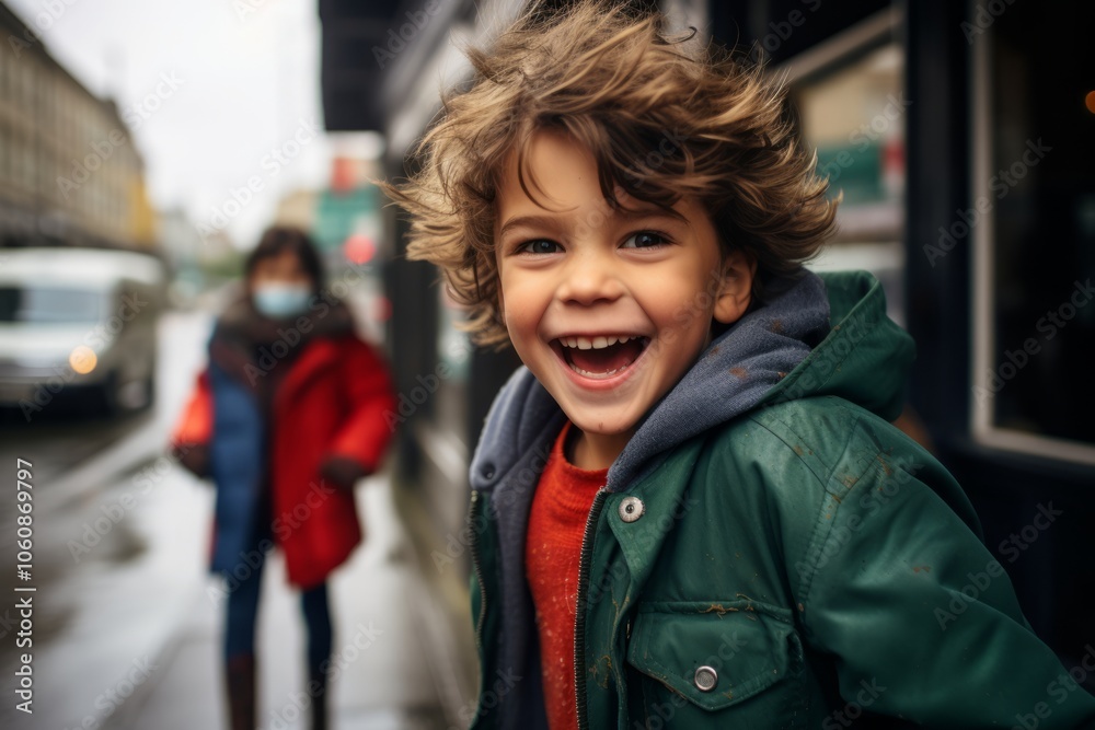 Little boy with curly hair in a green jacket on the street in the city Little boy with curly hair in a green jacket on the street in the city
