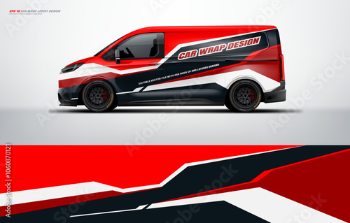 van wrap design for universal medium van, with a touch of Abstract simple racing Graphics in red black and white with background. Vector eps print ready printable file.