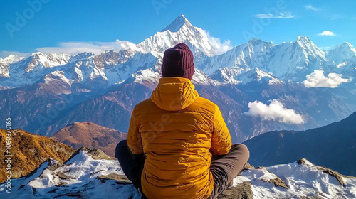 Solo Traveler Enjoying Snowy Mountain Overlook View photo