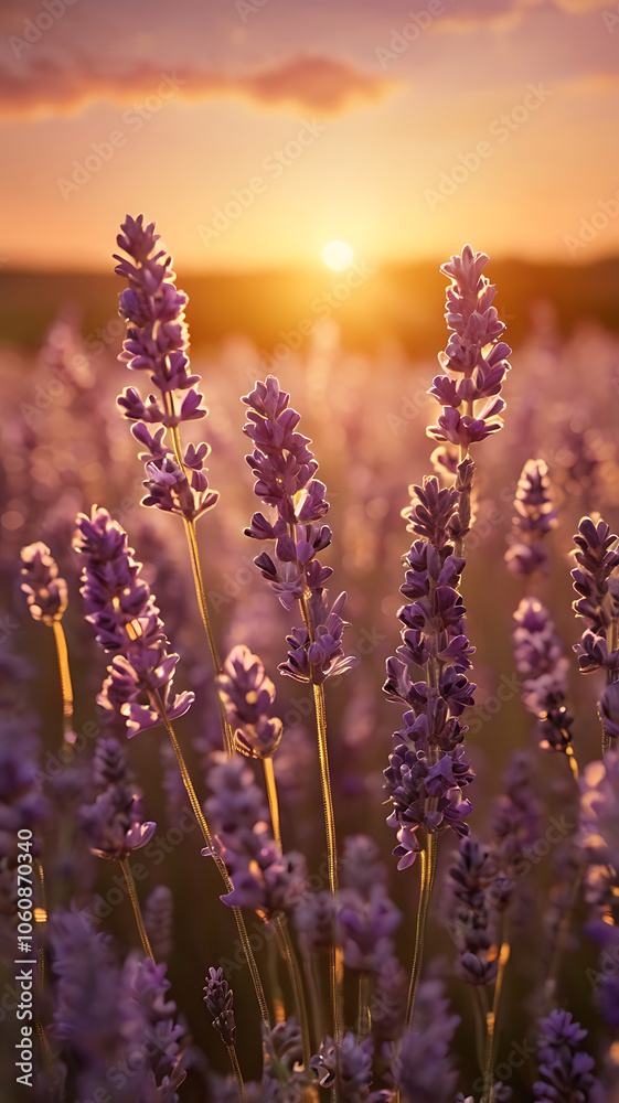 Fototapeta premium A vast field of blooming lavender flowers under a golden sunset sky