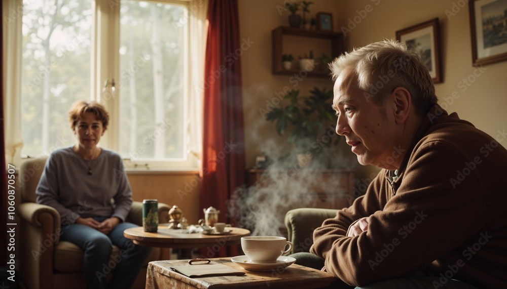 Elderly Man Reflecting Over Tea in Quiet Alzheimer's Disease Care Setting Elderly Man Reflecting Over Tea in Quiet Alzheimer's Disease Care Setting