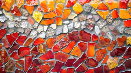 Mosaic with orange and red smalt background, stone decoration, and glass tile patterns.