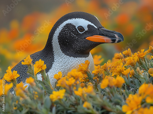 Explore the charm of the Magellanic Penguin with this captivating photo, capturing its unique markings and playful nature. Ideal for prints, posters, and unique merchandise. photo