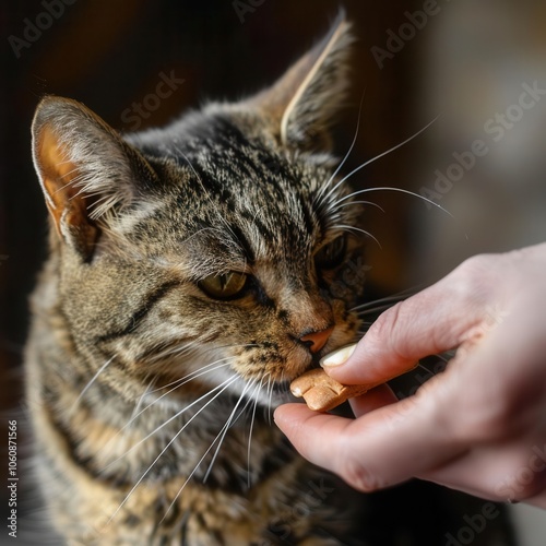 A hand feeding a tabby cat a treat close-up, soft focus background. photo