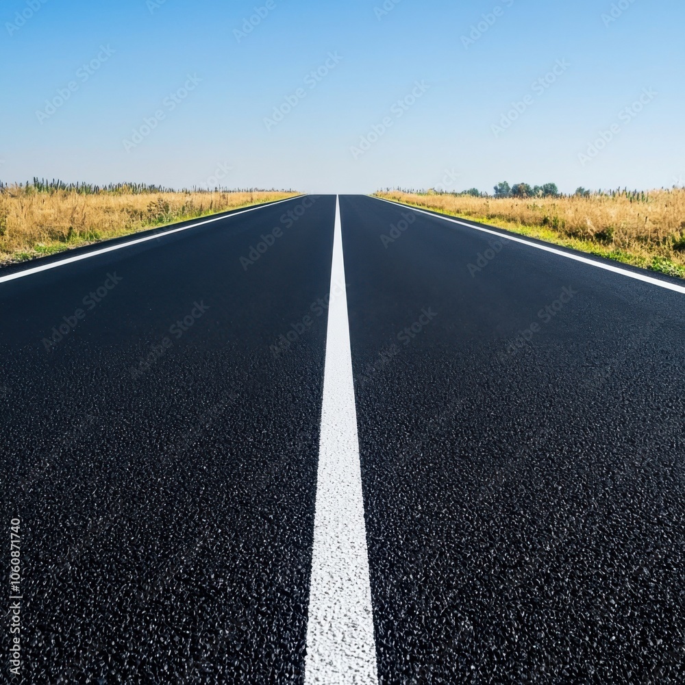 Empty road stretching into the horizon under a clear blue sky. Empty road stretching into the horizon under a clear blue sky.