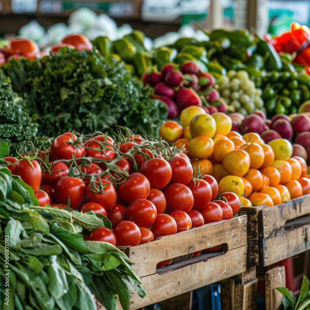 Fresh vegetables and fruits displayed in a market basket, vibrant colors. Fresh vegetables and fruits displayed in a market basket, vibrant colors.