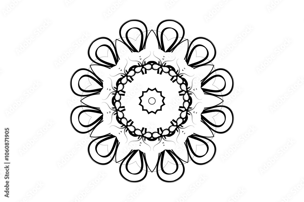 Geometric mandala art with black center and layered patterns on beige background
Geometric mandala art with black center and layered patterns on beige background