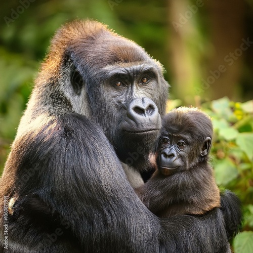 gorilla mum with baby, AI generated